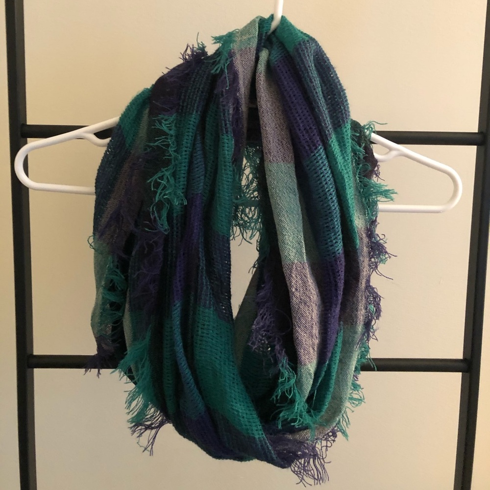 Blue/green/white thick plaid infinity scarf